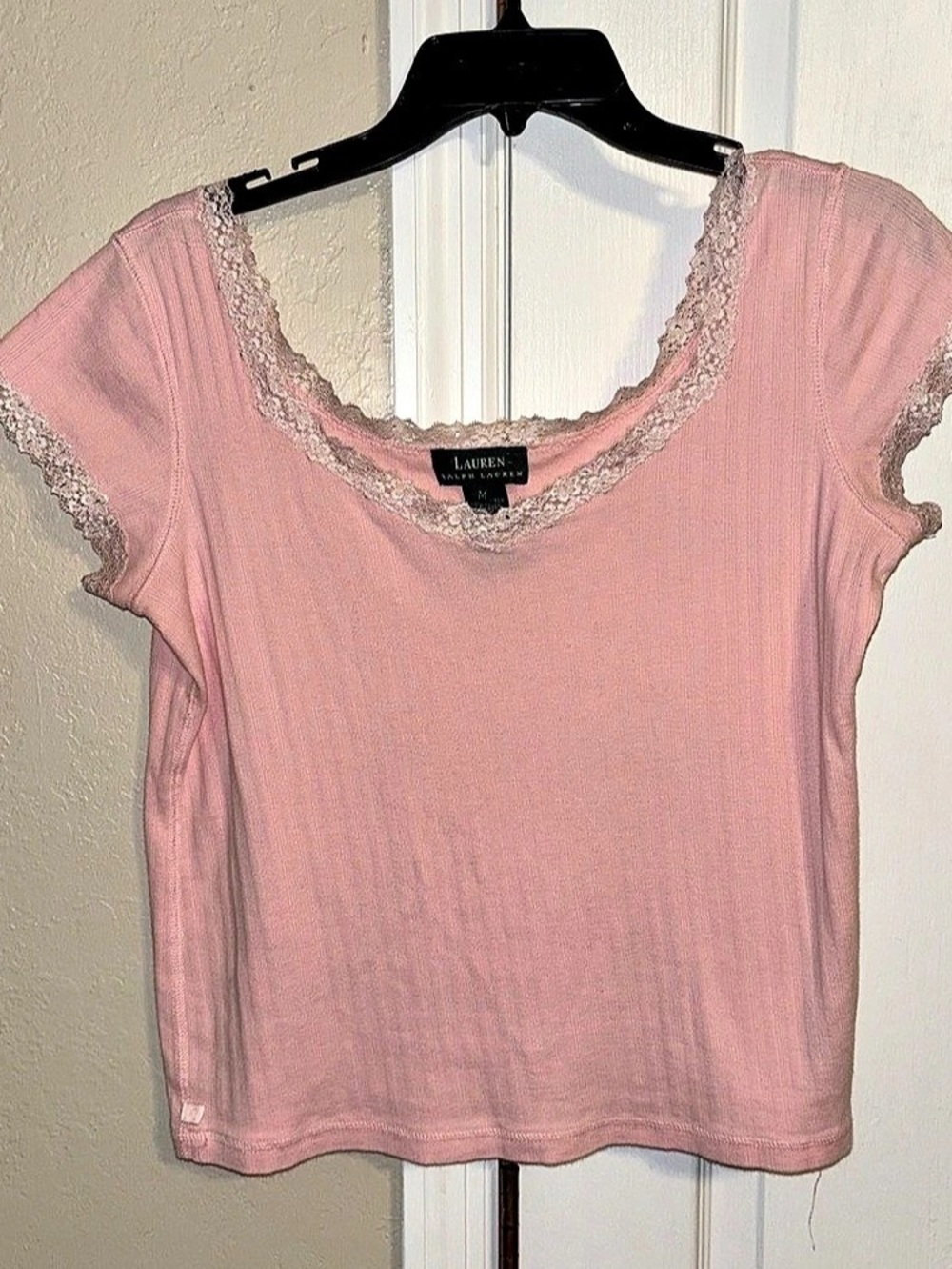 Lauren Ralph Lauren Lace Trim Short Sleeve Top Pink Size Medium